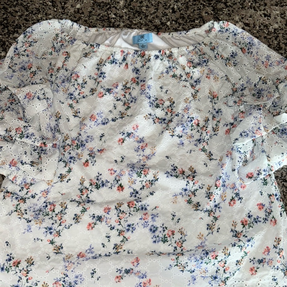 CeCe balloon puffy sleeves blouse eyelet floral pattern white lined body Sz XL - Picture 3 of 14